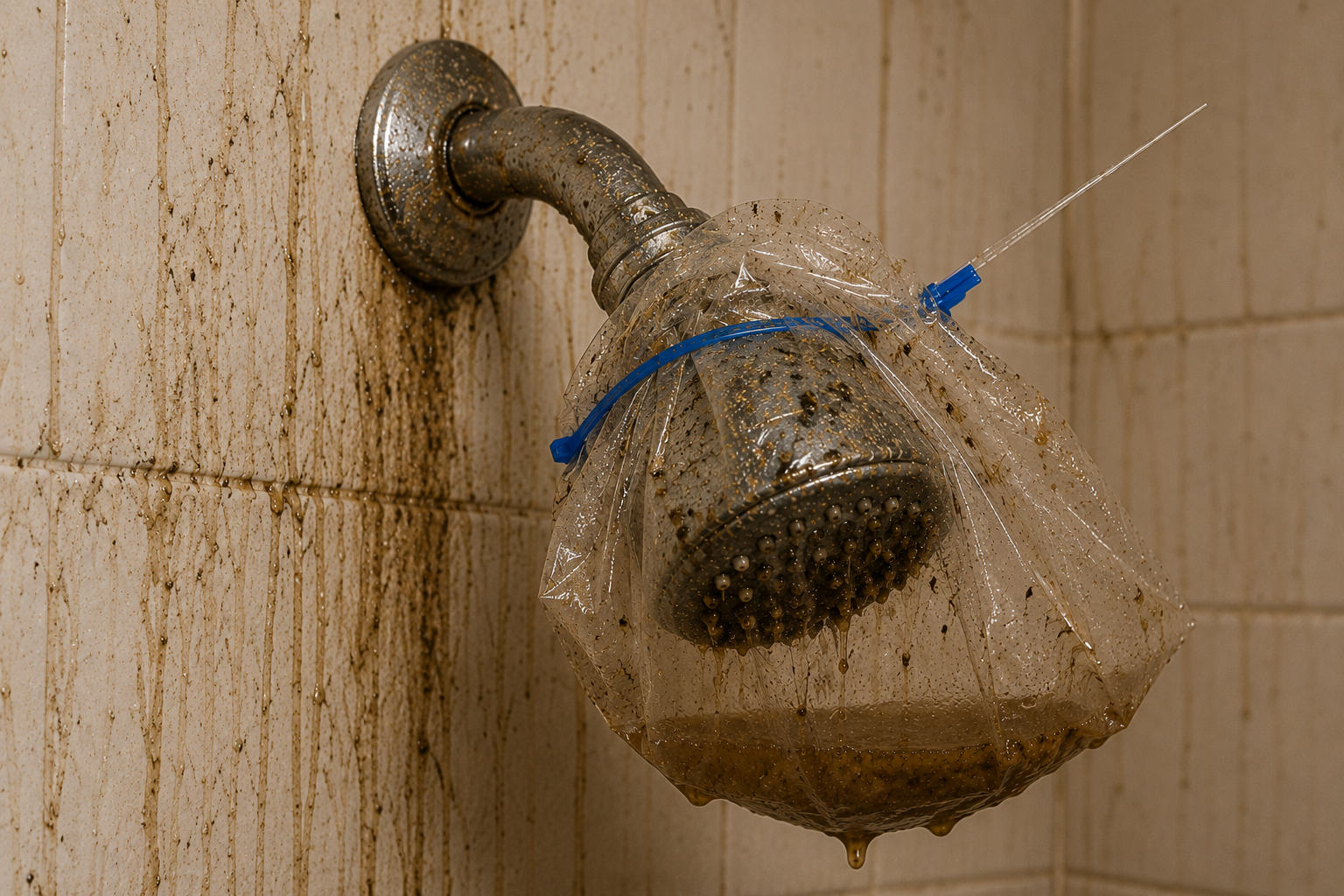 Dirty buildup from unfiltered shower water