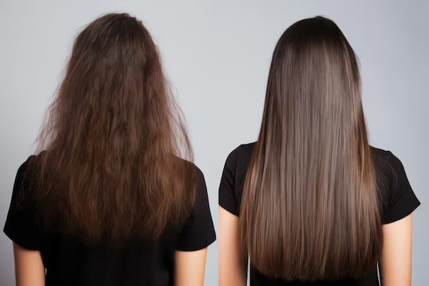 Before and after: dry damaged hair transformed to smooth shiny hair with HYDROVA